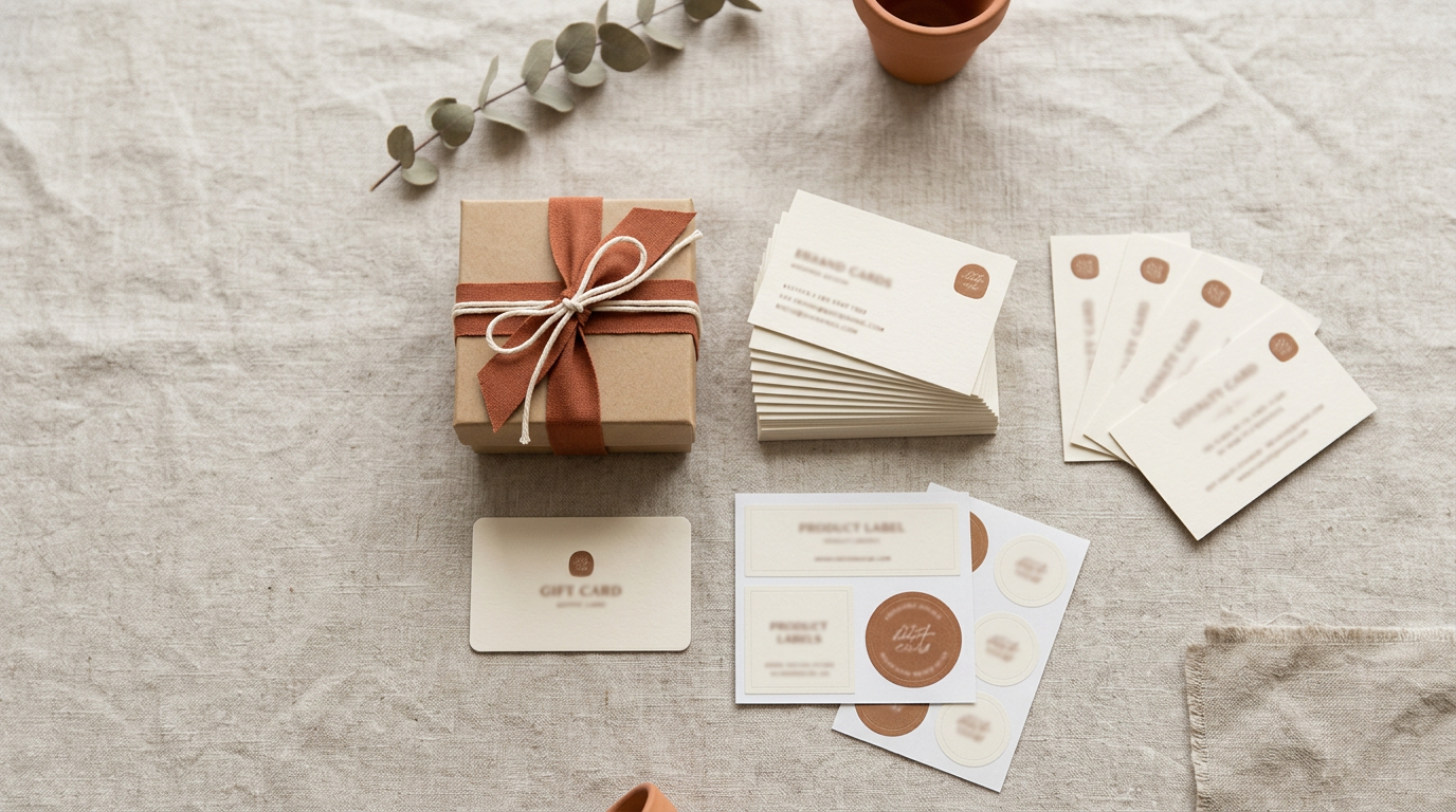 Conjunto de materiais de marca personalizados MÍLIA — cartões, packaging, etiquetas e autocolantes